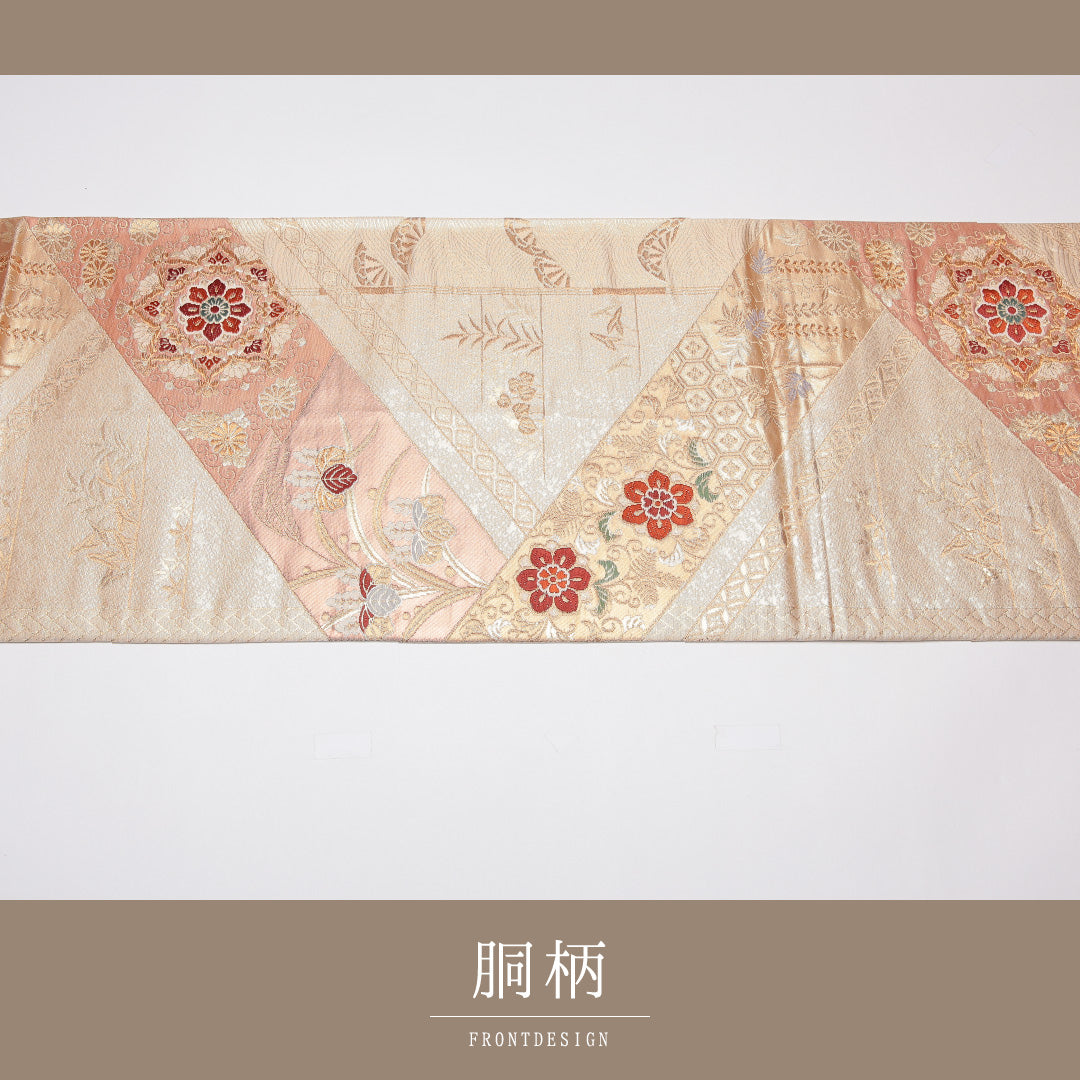 袋帯 帯丈424cm 正絹 六通 フォーマル 裂取り 宝相華 金系 ピンク系 1243-01187