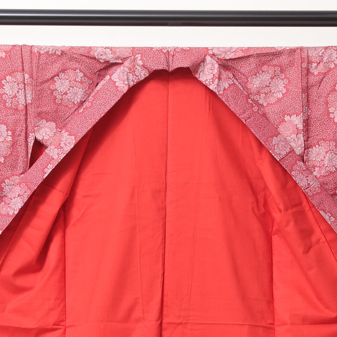 アンティーク お召 袷 身丈141cm 裄丈62cm 正絹 Aランク バチ衿 XSサイズ 菊 ピンク系 PO 1222-03525