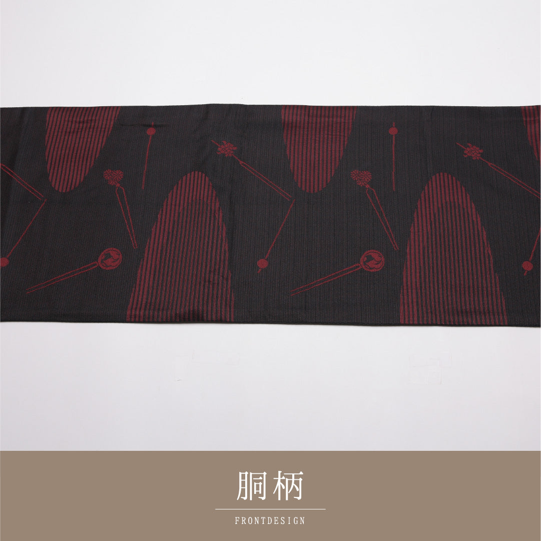 夏物 名古屋帯 帯丈364cm Aランク 開き仕立て 全通 ポリエステル 簪 カジュアル 黒系 1224-01904