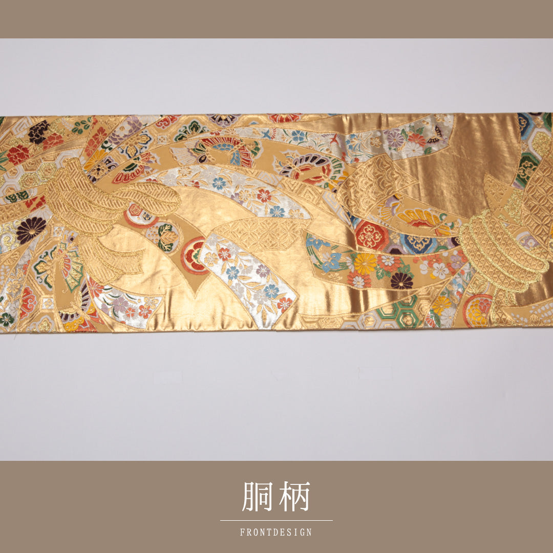 袋帯 帯丈442cm 正絹 六通 フォーマル 熨斗 古典柄 金系 1243-01115