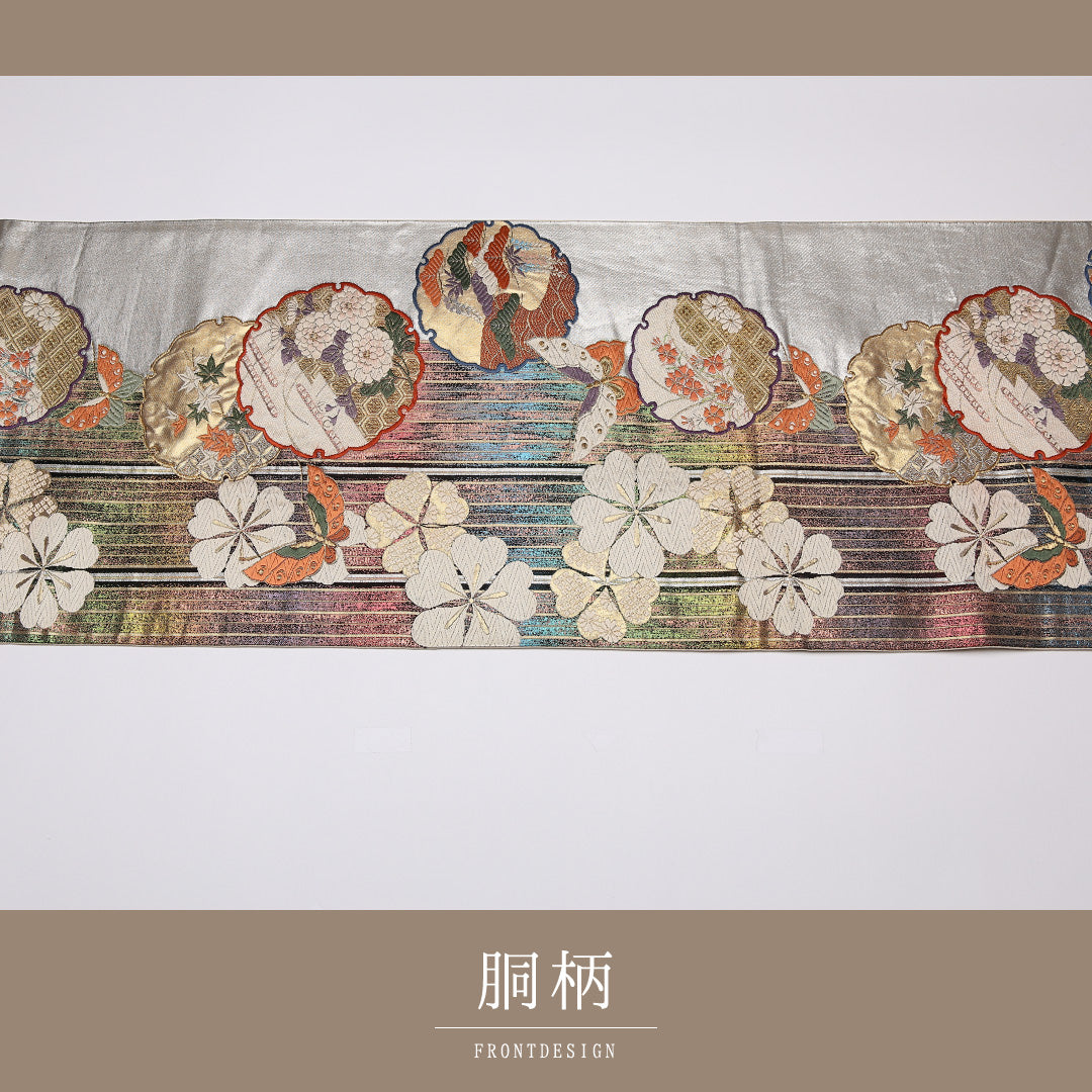 振袖帯 袋帯 帯丈418cm 六通 雪輪 桜 フォーマル 銀系 正絹 Bランク 1223-01084