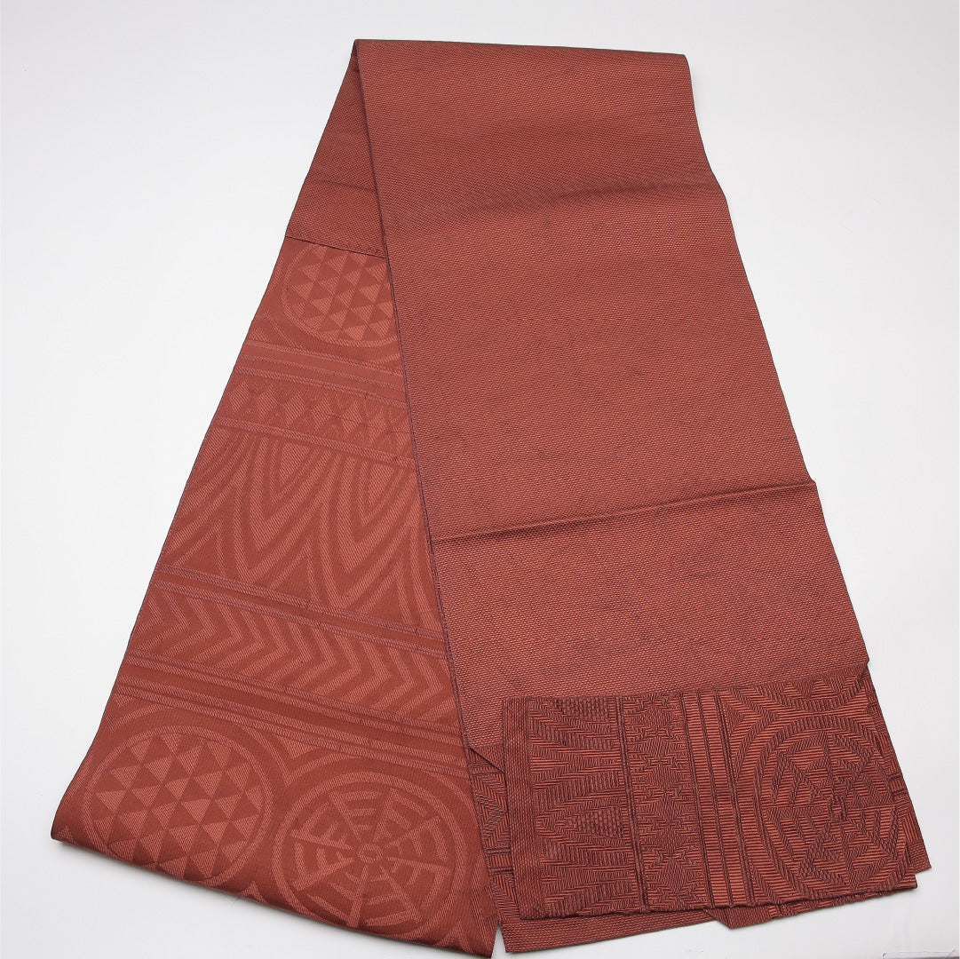 名古屋帯 帯丈363cm Aランク 松葉仕立て 六通 正絹 鱗 幾何学 カジュアル 茶系 1224-01647