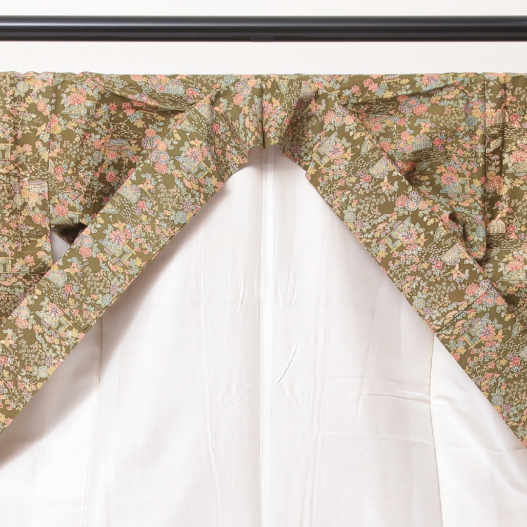 小紋(紬) 袷 身丈159cm 裄丈66cm 正絹 Sランク Mサイズ 広衿 インフォーマル 茶屋辻 緑系 1215-02226