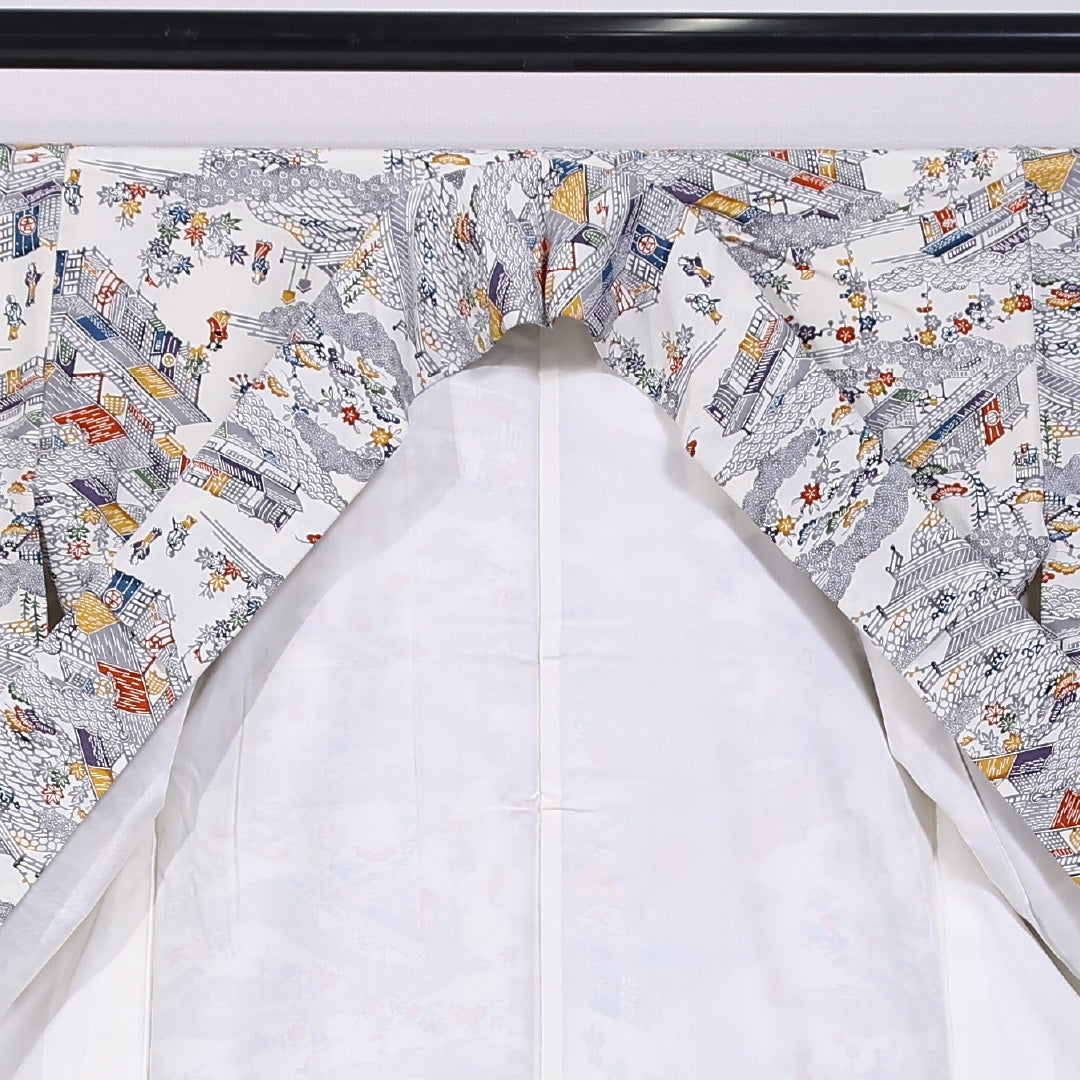未使用品 小紋 袷 身丈155cm 裄丈62cm 正絹 Nランク インフォーマル 広衿 Mサイズ しつけ糸 人物 風景柄 グレー系 RP 1221-11668