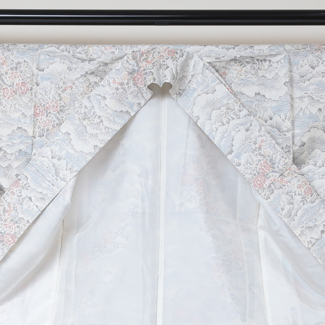 紬 袷 身丈156cm 裄61cm 正絹 白系 Sランク 真綿紬 花柄 山 雲取 1216-00572-2311 1216-00572