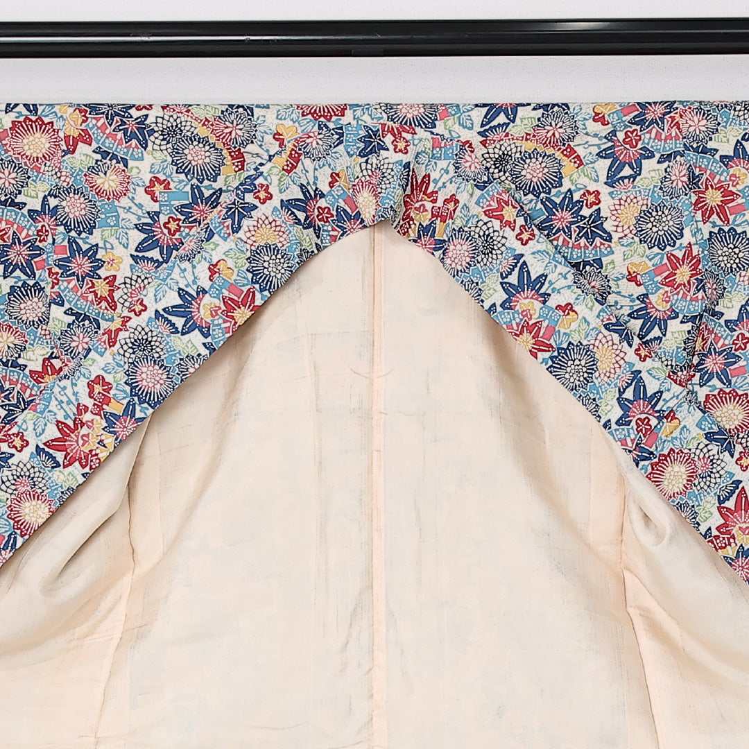 アンティーク 京紅型 小紋 身丈154cm 裄丈64cm Aランク S 正絹 袷 広衿 ポップ 扇 菊 紅葉 青系 1215-12507