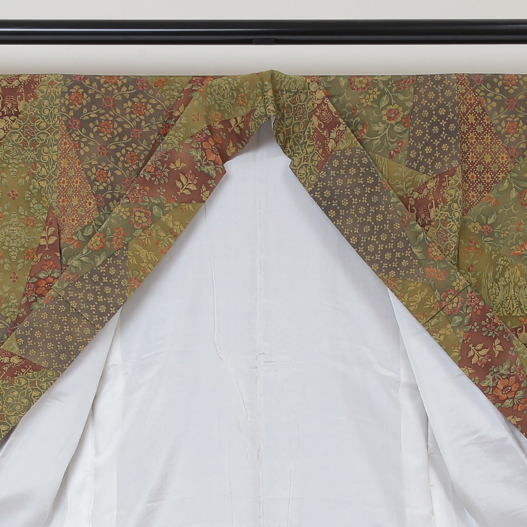 小紋 袷 身丈150cm 裄丈59cm 正絹 Sランク インフォーマル 広衿 Sサイズ 草木染め 更紗 千總 証紙 花柄 緑系 SR 1221-01451