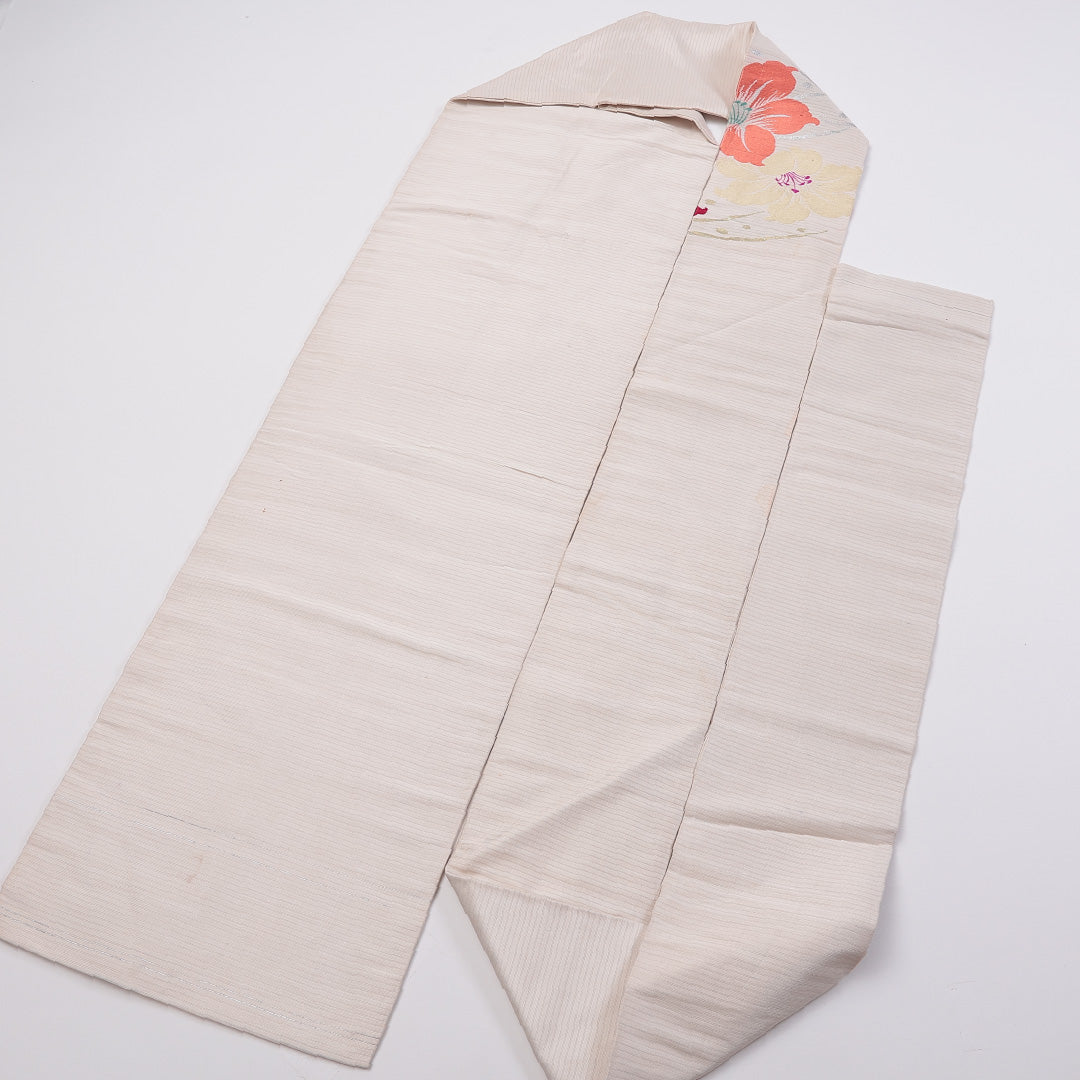 アンティーク 九寸名古屋帯 Cランク 帯丈325cm 正絹 ポイント柄 名古屋仕立て 織り 芙蓉 白系 RP 1245-00919
