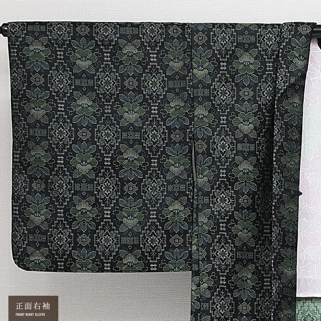 黒羽織 袷 身丈81cm 裄丈67cm 正絹 Sランク インフォーマル Mサイズ 花柄 黒系 RP 1233-14635