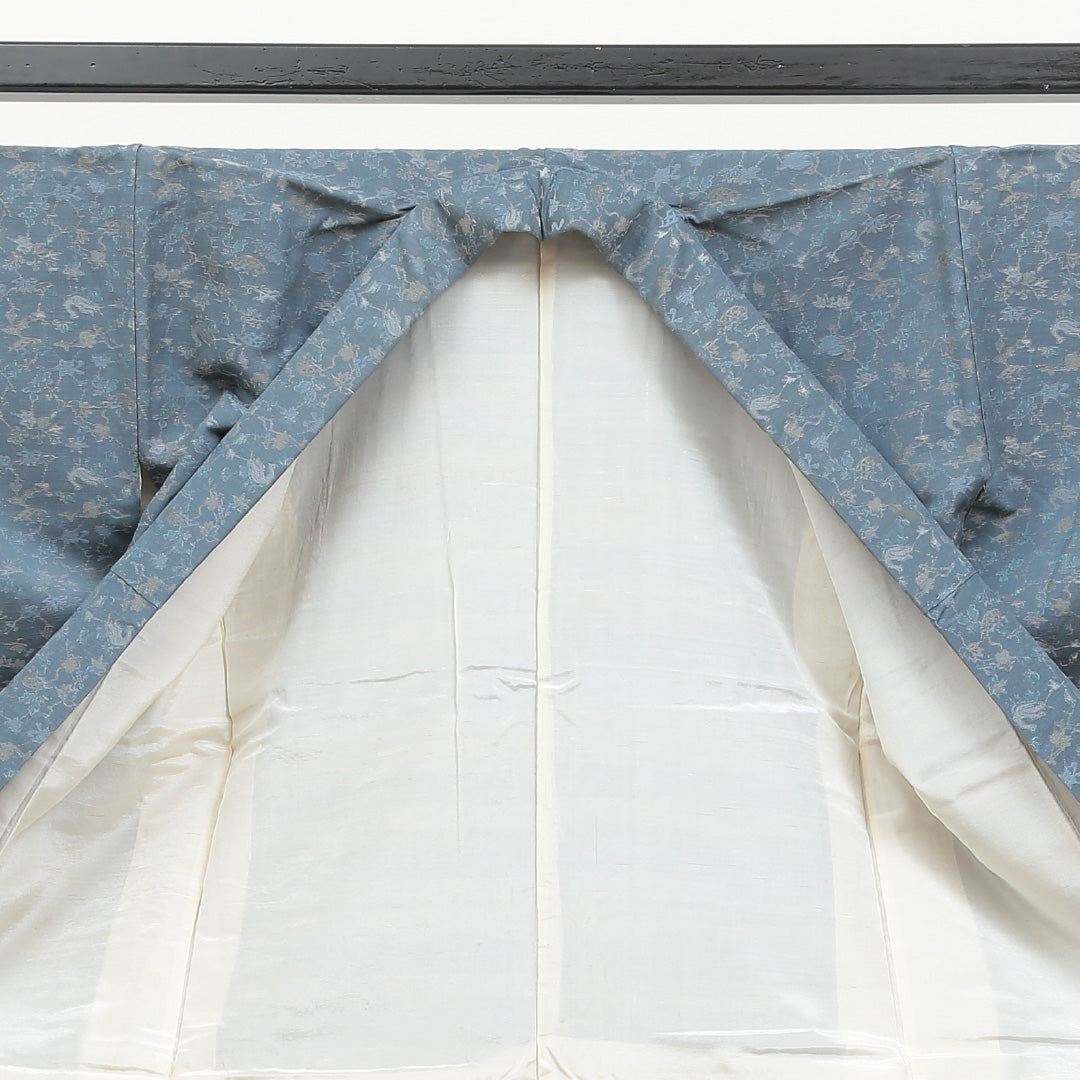 紬 袷 身丈147cm 裄丈63cm 正絹 Aランク XSサイズ 広衿 カジュアル 花鳥風月 青系 1216-02829