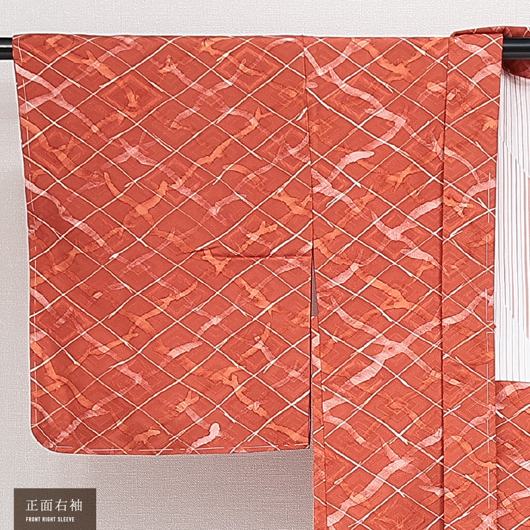 羽織 袷 身丈82cm 裄丈65cm 正絹 Sランク カジュアル Mサイズ 菱 朱系 RP 1232-14653