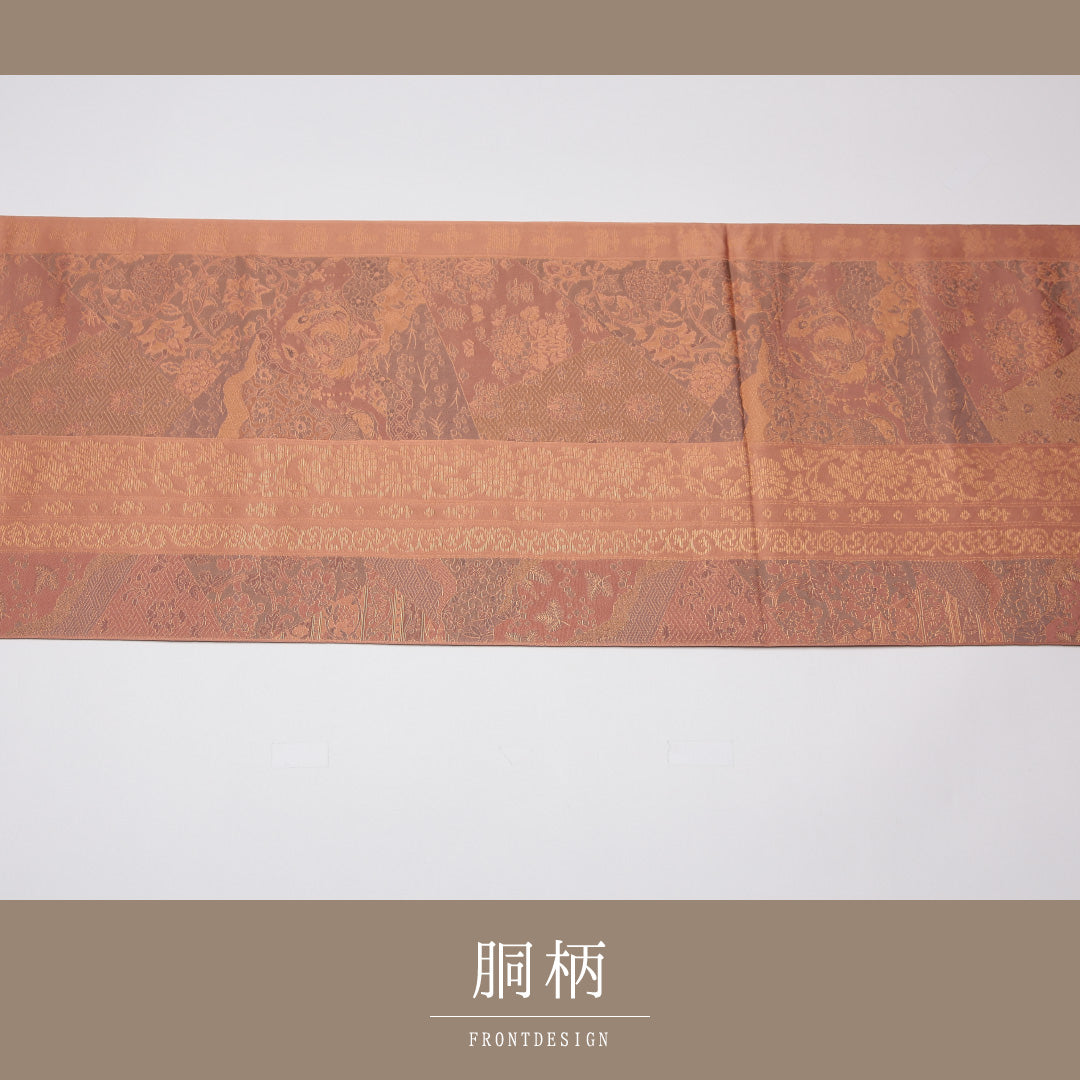 袋帯 帯丈444cm 正絹 六通 セミフォーマル 名物裂 朱系 金系 1243-01177