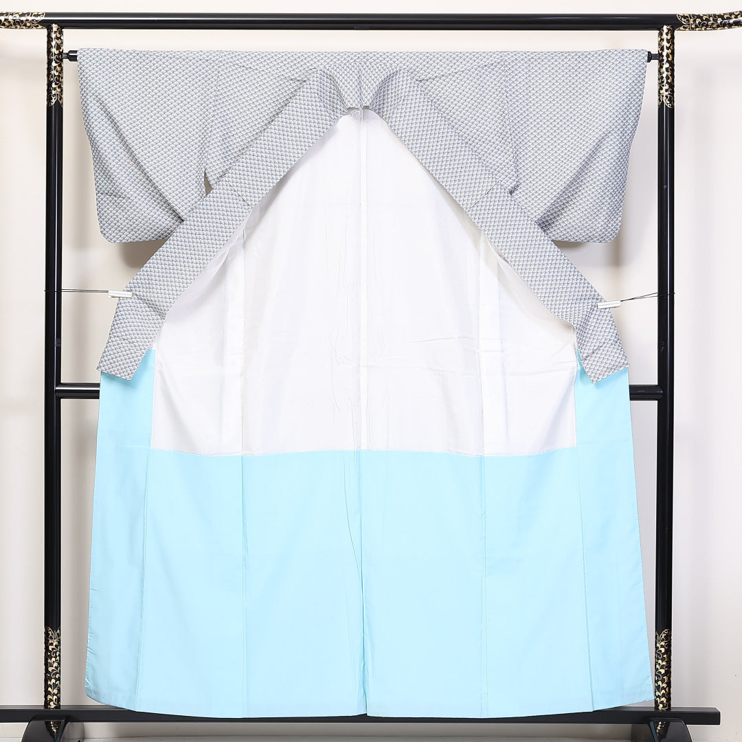 洗える着物 小紋 袷 身丈158cm 裄丈64cm ポリエステル Bランク インフォーマル 棒衿 Mサイズ 菊 グレー系 HP 1221-14006