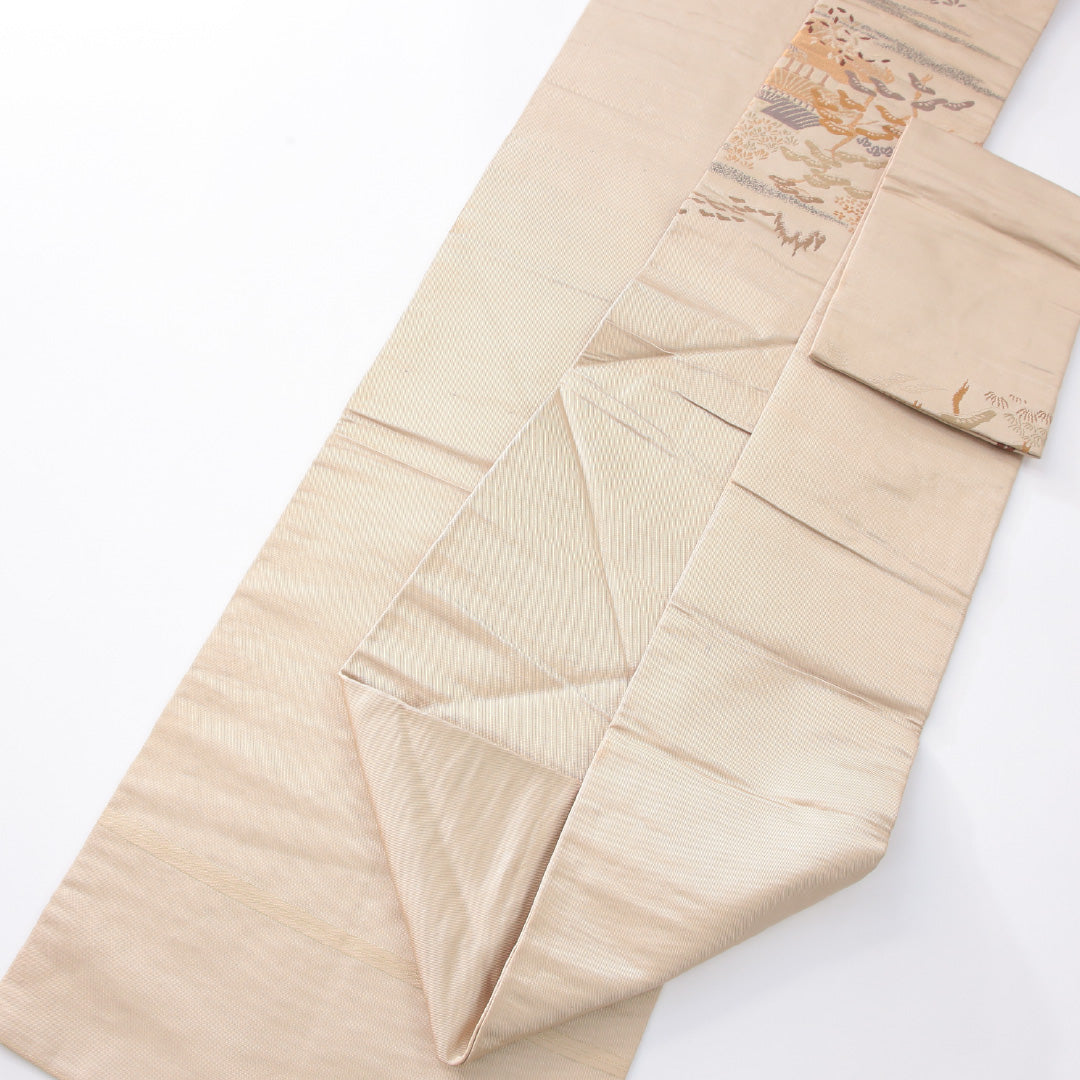 九寸名古屋帯 帯丈329cm セミフォーマル 名古屋仕立て 六通 未仕立て Cランク 正絹 茶屋辻 ベージュ系 1224-04144