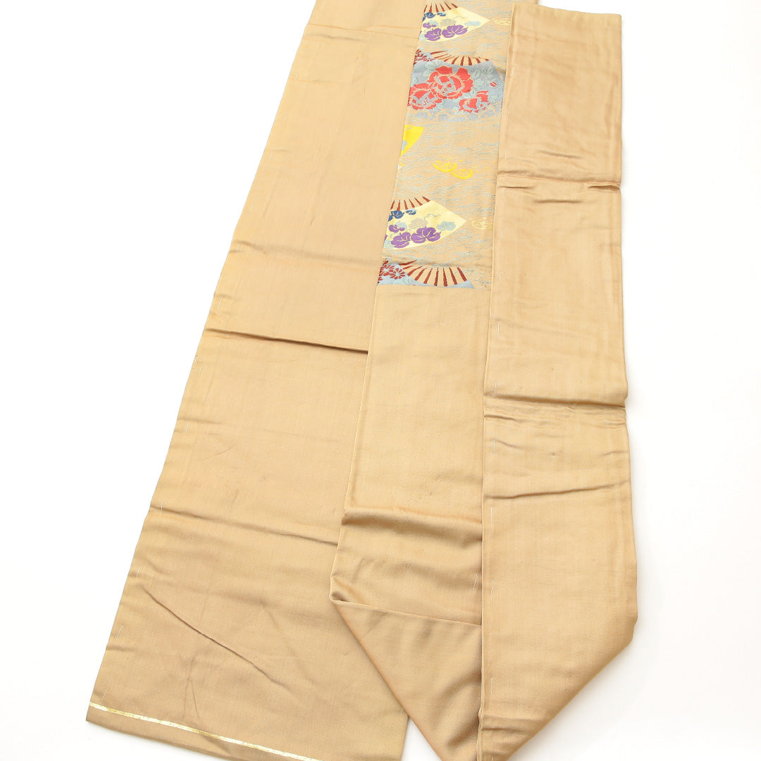 アンティーク 名古屋帯 六通 帯丈340cm Bランク 正絹 吉祥文様 扇 菊 牡丹 蔦 ベージュ系 1224-02115