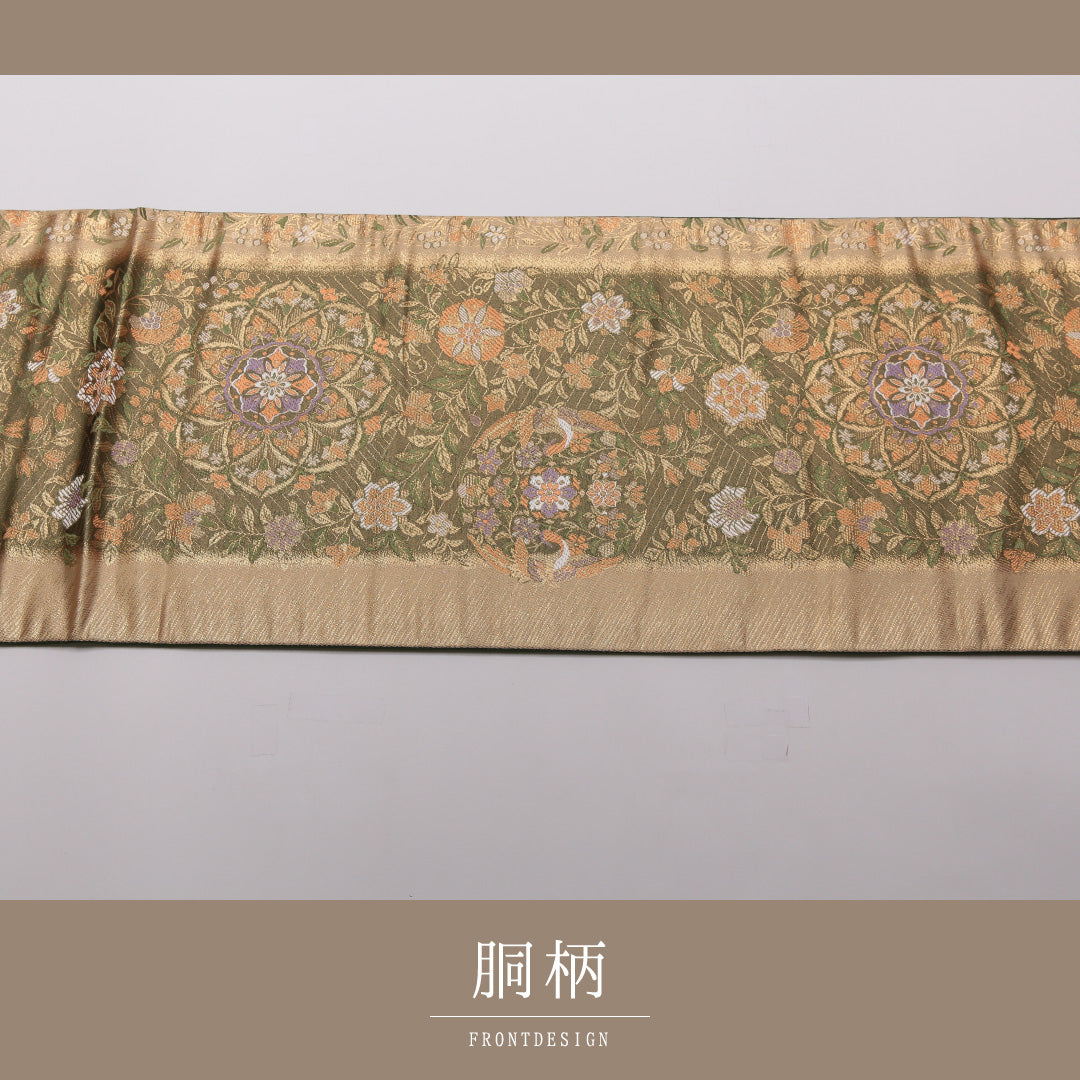 袋帯 六通 帯丈432cm フォーマル Sランク 正絹 金箔 唐草華文 金系 緑系 1223-01450