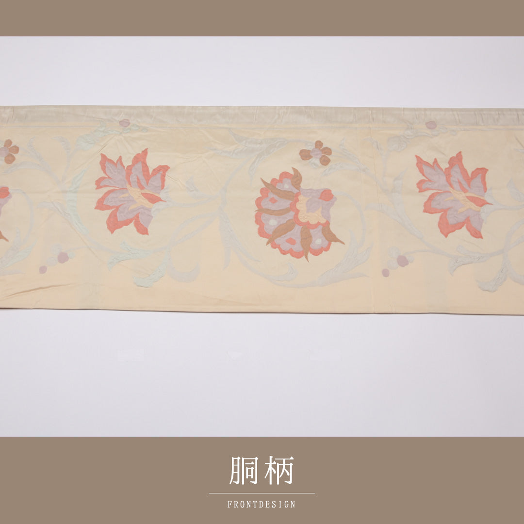 袋帯 帯丈436cm 正絹 六通 セミフォーマル ふくれ織 唐草華文 クリーム系 1243-01014