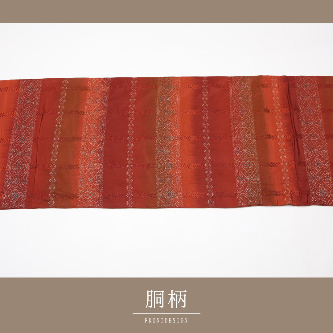 袋帯 帯丈414cm 正絹 全通 インフォーマル ふくれ織 名物裂 赤系 1243-01266