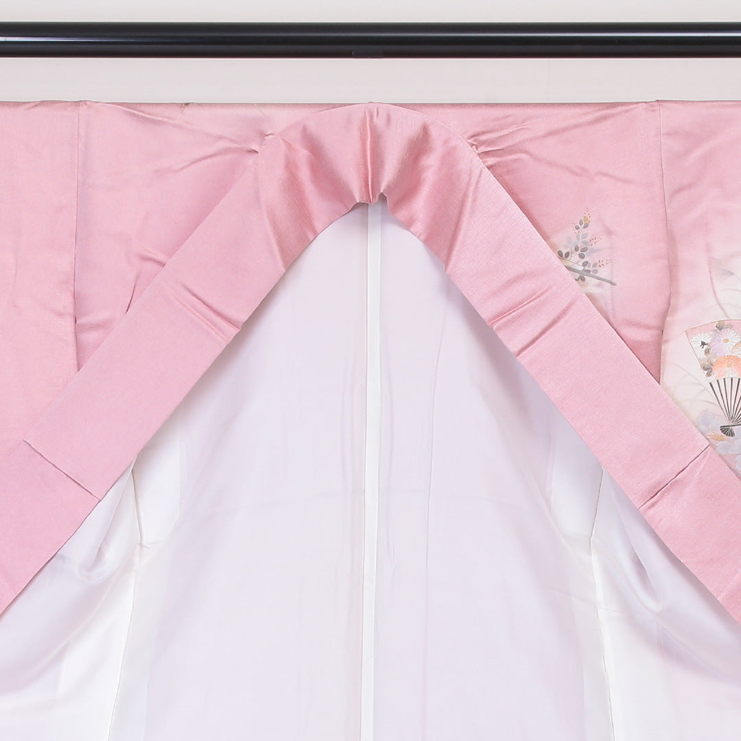 訪問着 袷 身丈162cm 裄丈64cm 正絹 Sランク セミフォーマル 広衿 Lサイズ ぼかし染 金彩 扇 花柄 ピンク系 PO 1217-04534