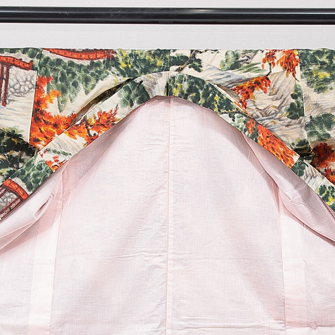 アンティーク 紬(銘仙) 袷 身丈144cm 裄丈61cm 正絹 Aランク XSサイズ バチ衿 橋 松 クリーム系 多色系 1216-15624