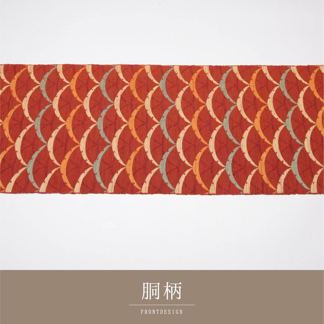 八寸名古屋帯 Sランク 帯丈330cm 正絹 六通 開き仕立て 織り カジュアル 紬 青海波 朱系 LP 1245-01587