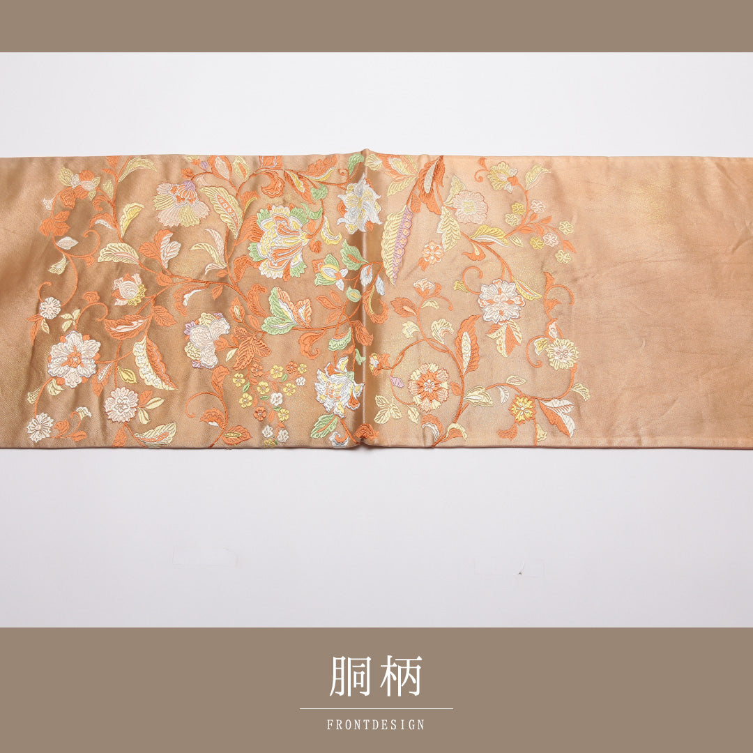 袋帯 帯丈436cm 正絹 六通 セミフォーマル 唐草華文 朱系 1243-01395