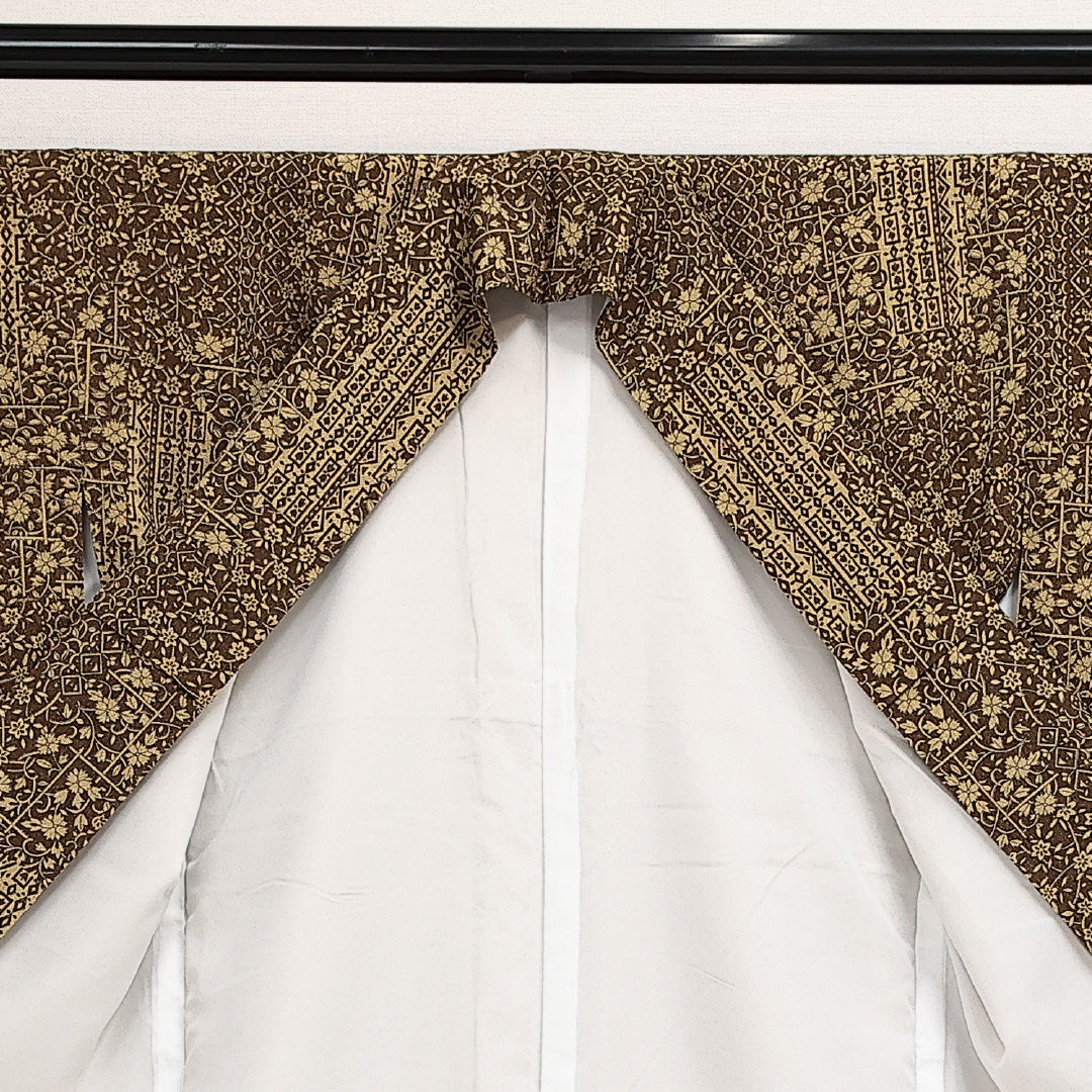 小紋 袷 身丈168cm 裄丈66cm 正絹 Sランク インフォーマル 広衿 XLサイズ 更紗 茶系 RP 1221-14017