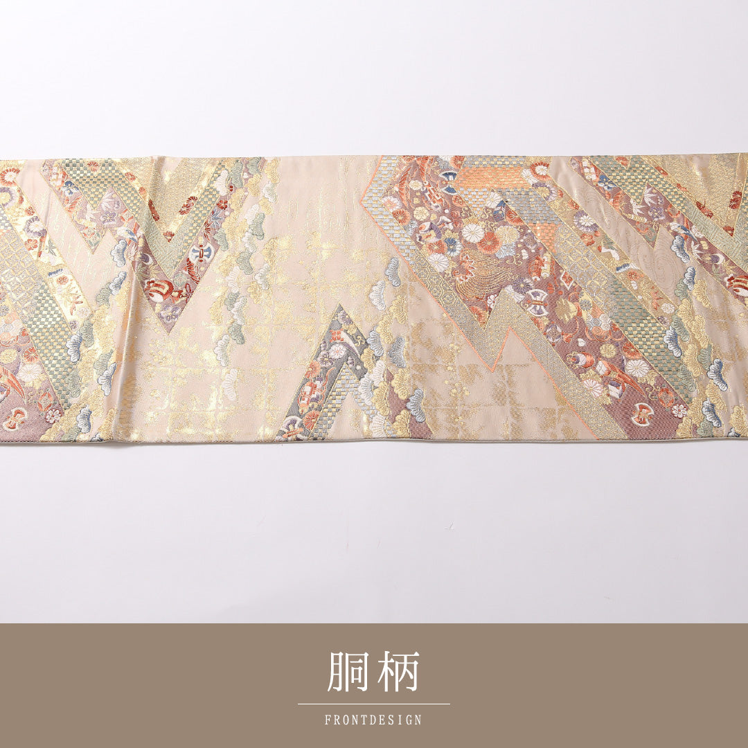 袋帯 帯丈420cm 正絹 六通 松皮取華宝紋 フォーマル 九百錦 松皮菱 裂取り 金系 1243-01687