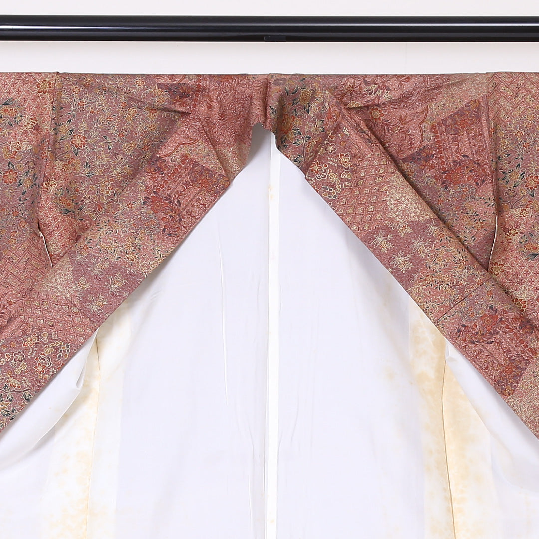 小紋 (錦紗) 袷 身丈165cm 裄丈66cm 正絹 Aランク 広衿 XLサイズ 更紗 茶系 SR 1221-01910