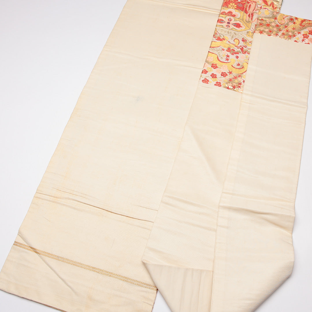 アンティーク 九寸名古屋帯 帯丈329cm 正絹 六通 名古屋仕立て 織り 牡丹 松 楓 金系 RP 1245-01750