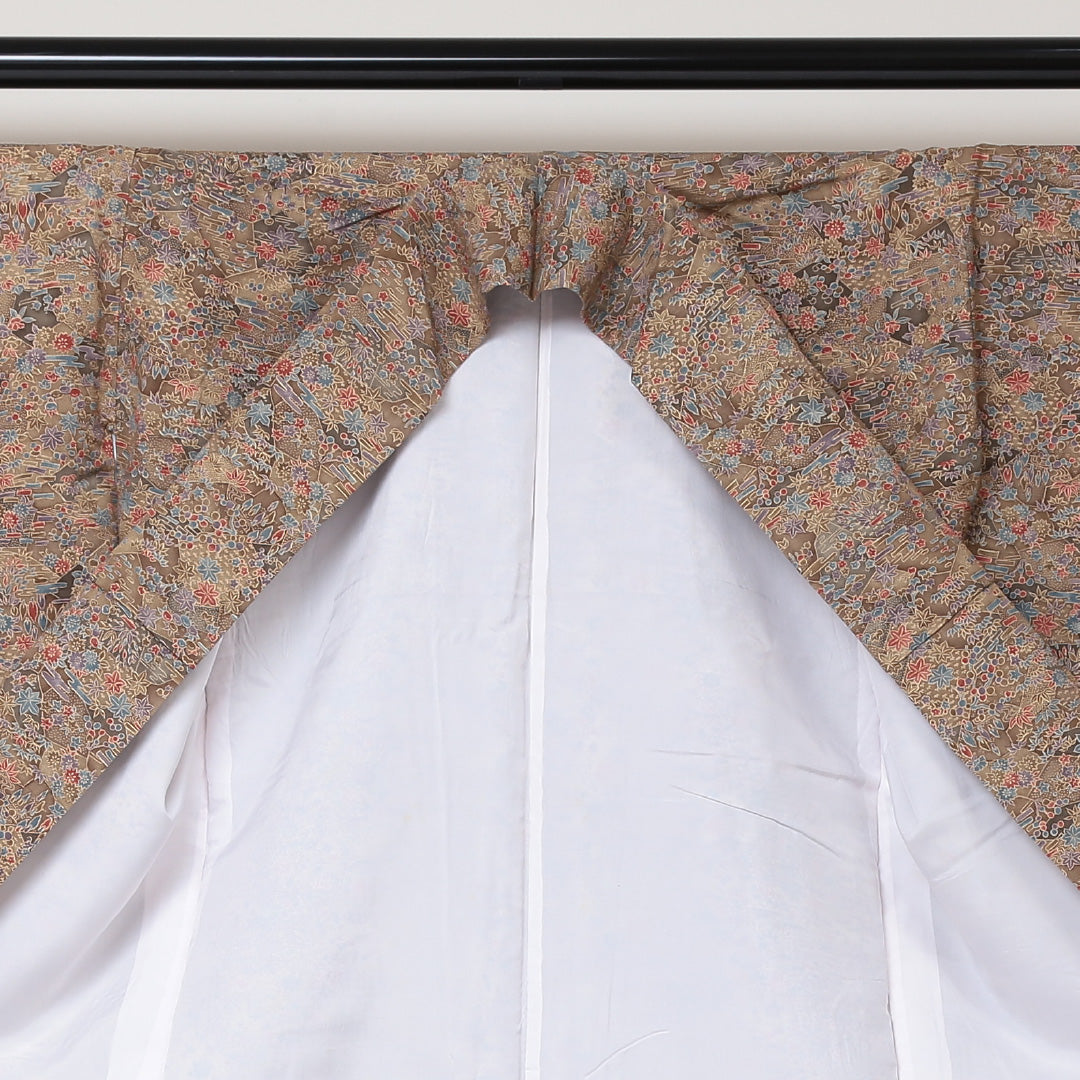 小紋 袷 身丈159cm 裄63cm 茶系 型染め 花柄 紅葉 正絹 Aランク 1215-01602-3314