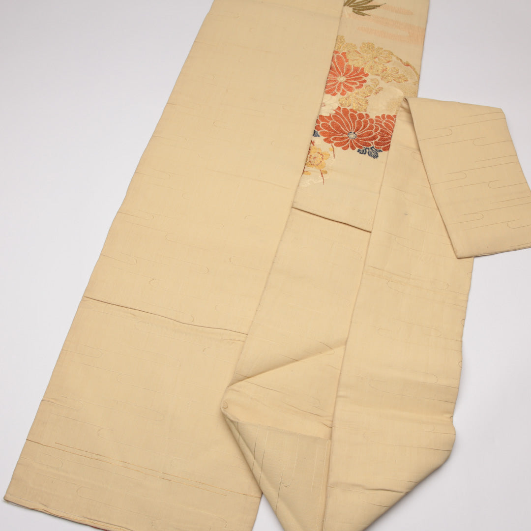 アンティーク 名古屋帯 帯丈339cm Cランク 名古屋仕立て ポイント柄 正絹 雪輪 菊 エ霞 セミフォーマル クリーム系 1224-01535