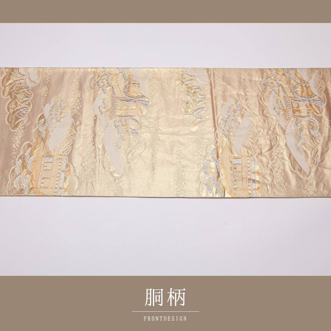 袋帯 帯丈412cm 六通 御所解 フォーマル クリーム系 正絹 Aランク 1223-01065