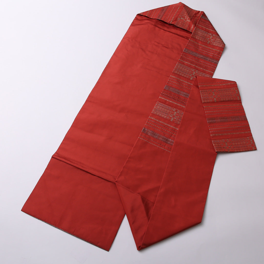 九寸名古屋帯 Sランク 帯丈351cm 正絹 六通 名古屋仕立て 織り カジュアル 創作柄 赤系 LP 1245-02619