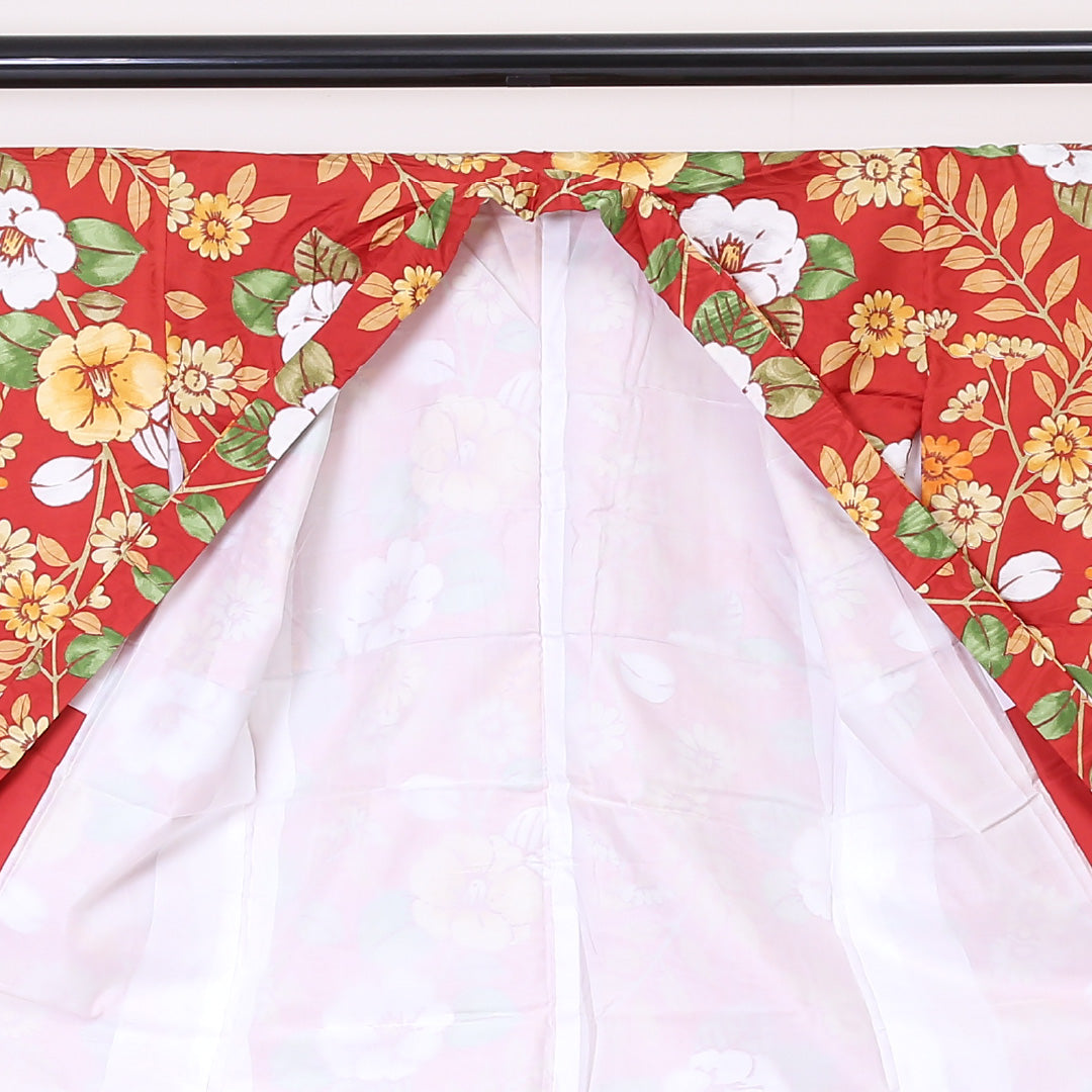 小紋 袷 身丈141cm 裄丈59cm 正絹 Sランク インフォーマル バチ衿 XSサイズ 椿 赤系 RP 1221-01967