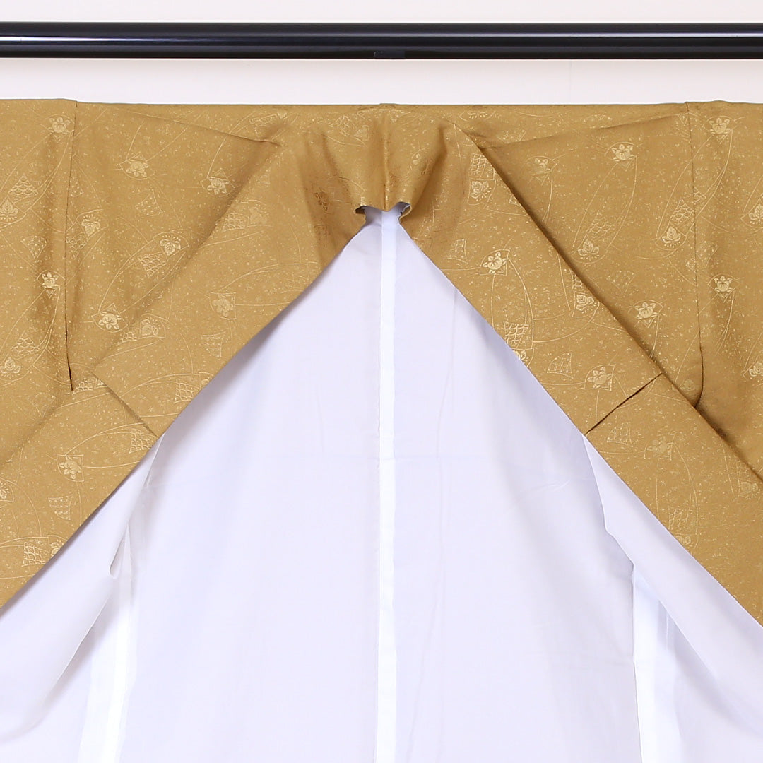 色無地 洗える着物 袷 身丈162cm 裄丈66cm ポリエステル Sランク Lサイズ 広衿 インフォーマル 紋意匠 吉祥文様 黄系 1214-05209