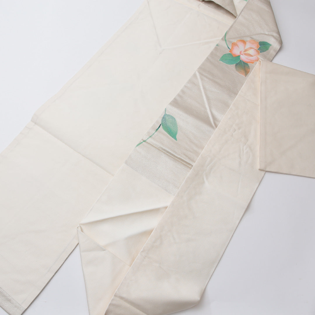 九寸名古屋帯 帯丈354cm 正絹 六通 名古屋仕立て 織り カジュアル 牡丹 クリーム系 RP 1245-02037
