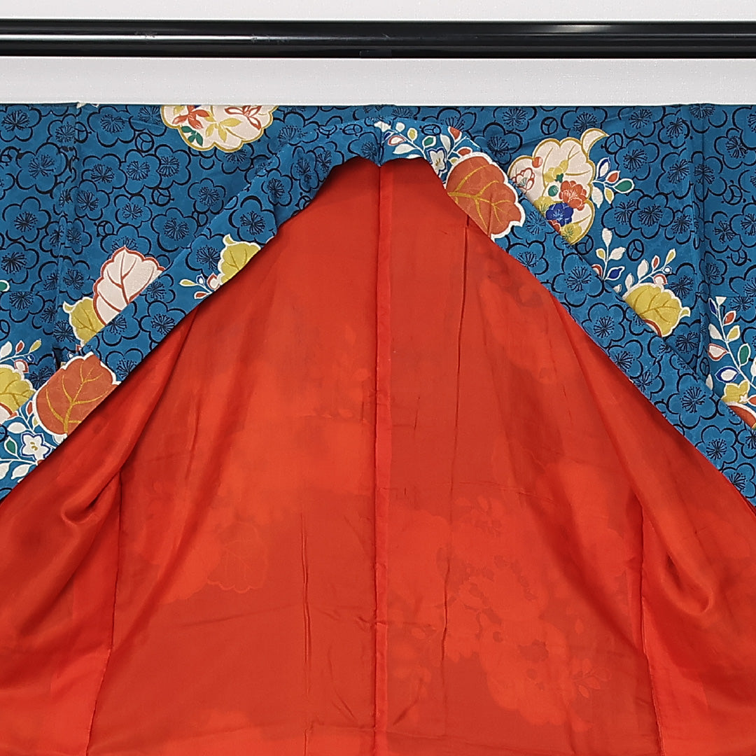 アンティーク 小紋 (錦紗) 袷 身丈146cm 裄丈63cm 正絹 Aランク バチ衿 XSサイズ 牡丹 桐 青系 M4 1221-12545