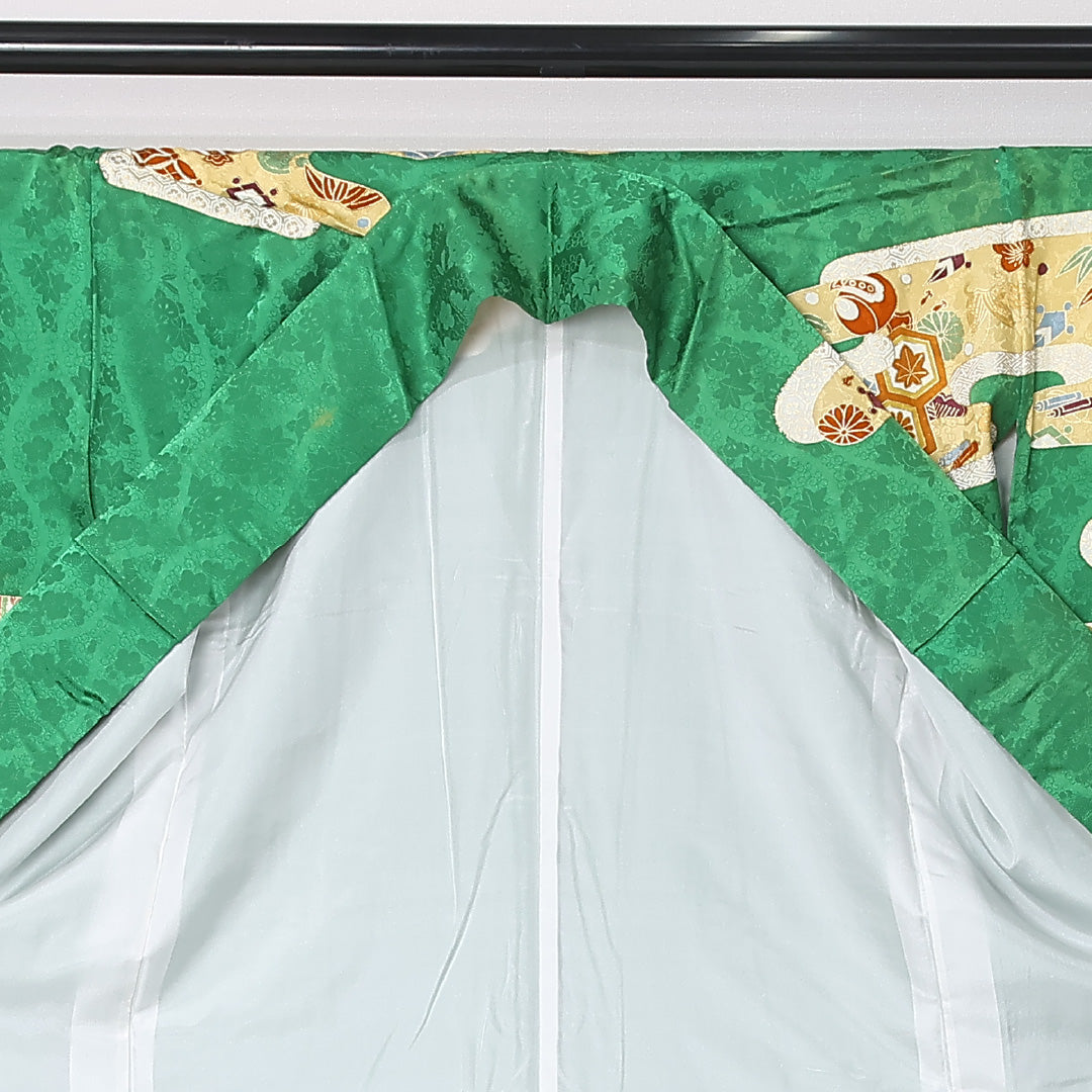 振袖 身丈170cm 裄丈67.5cm Aランク 正絹 袷 広衿 2XL エ霞 宝尽くし フォーマル 古典的 華やか 緑系 1213-F0492