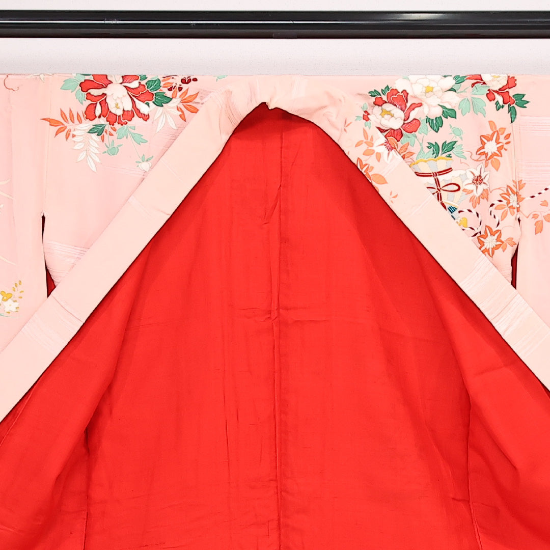 アンティーク 訪問着 袷 身丈154cm 裄丈62cm Cランク 正絹 バチ衿 Sサイズ 刺繍 花瓶 独創的 華やか ピンク系 1212-13523