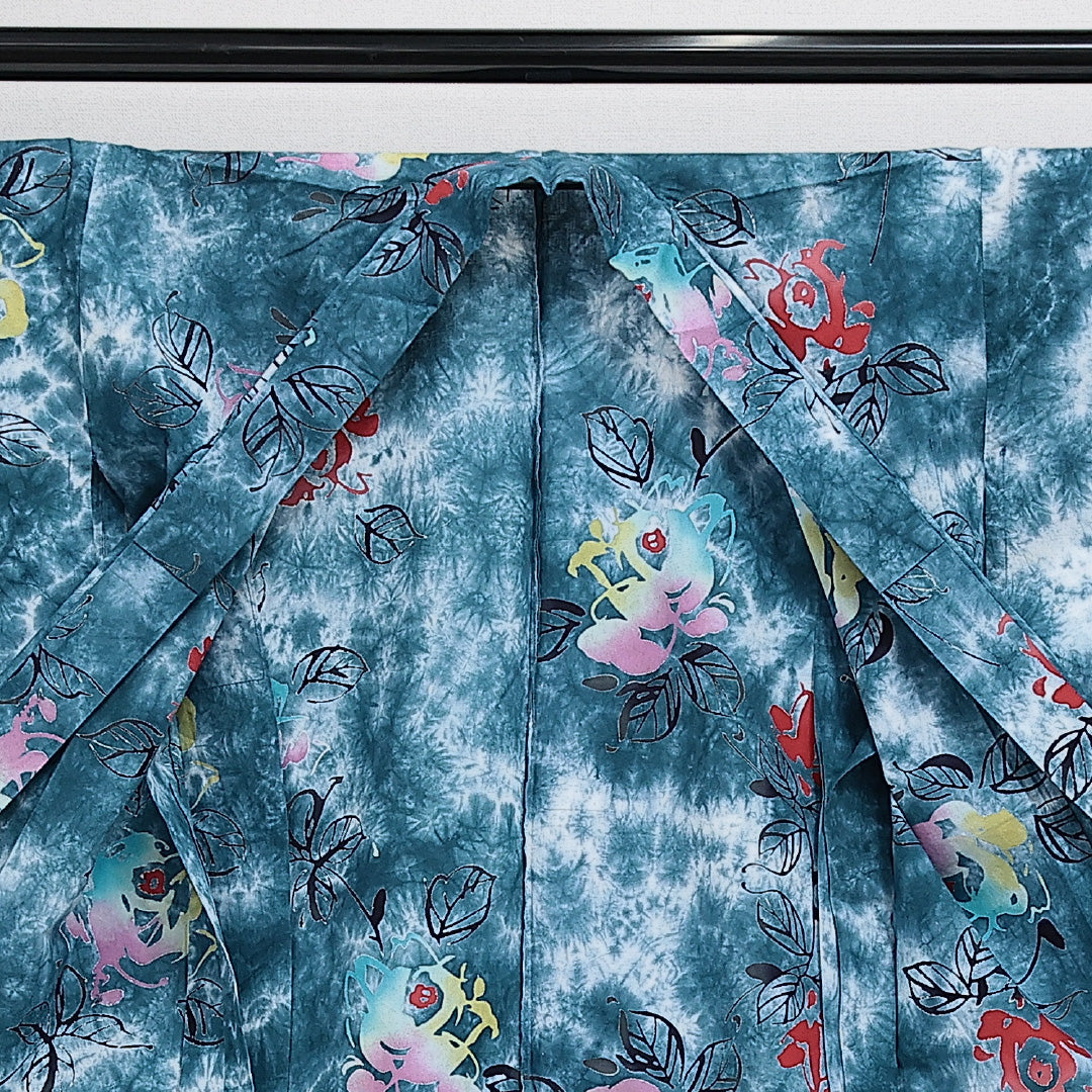 浴衣 夏物 洗える着物 身丈159cm 裄丈65cm Aランク 木綿 バチ衿 Mサイズ カジュアル 花柄 モダン 華やか 青系 緑系 1218-14276