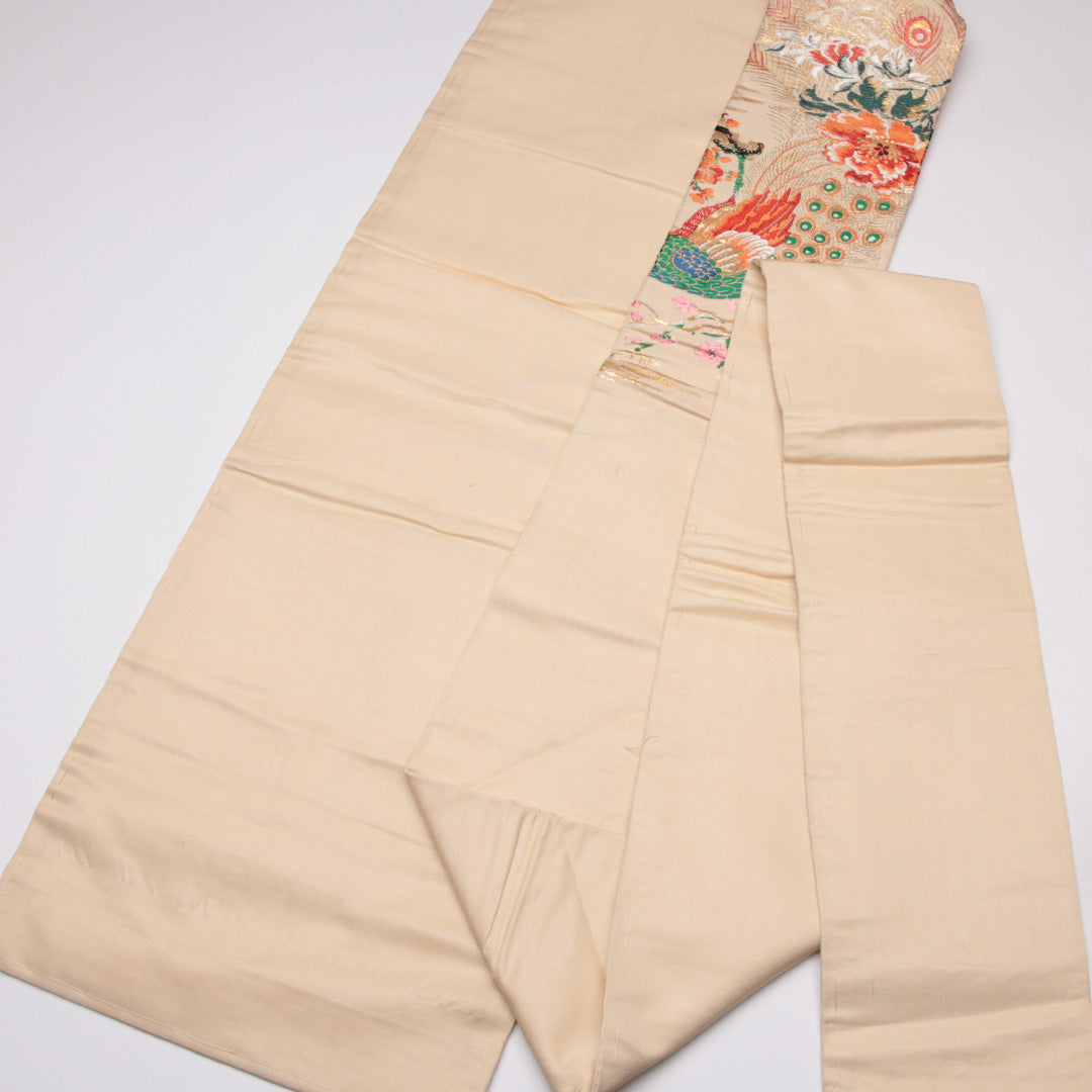 アンティーク 名古屋帯 帯丈323cm Cランク 名古屋仕立て 六通 正絹 孔雀 桜 梅 金糸 セミフォーマル クリーム系 1224-01515