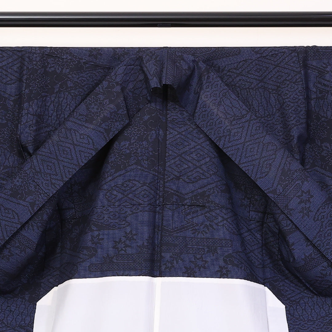 紬 単衣 身丈160cm 裄66.5cm 正絹 茶屋辻 居敷当て 紺系 Aランク 1216-01196