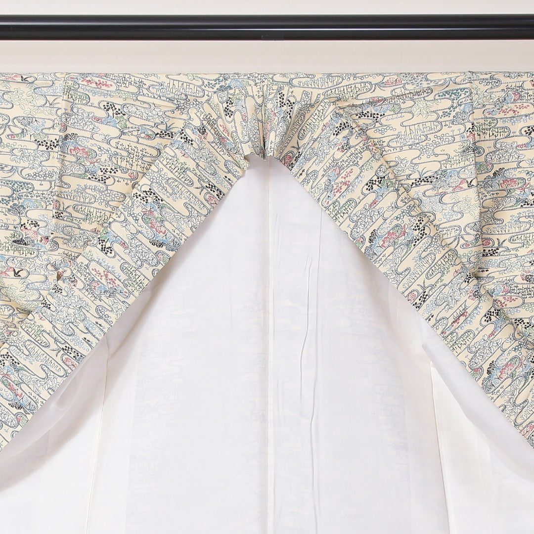 小紋 袷 身丈155cm 裄62.5cm ポリエステル 洗える着物 茶屋辻 クリーム系 Bランク 1215-02261