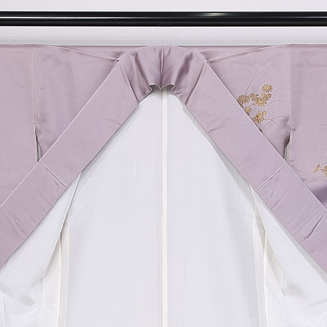 訪問着 身丈161cm 裄丈63.5cm 正絹 Sランク 袷 広衿 金彩 檜扇 菊 萩 刺繍 ぼかし しつけ糸 1212-10387
