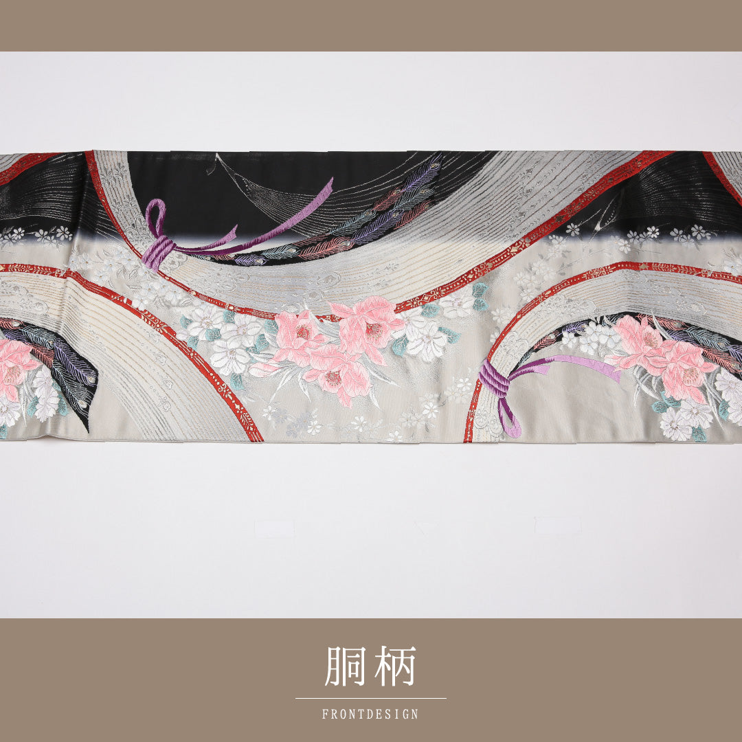 振袖用 袋帯 帯丈428cm ポリエステル 六通 熨斗 銀系 黒系 1243-01254
