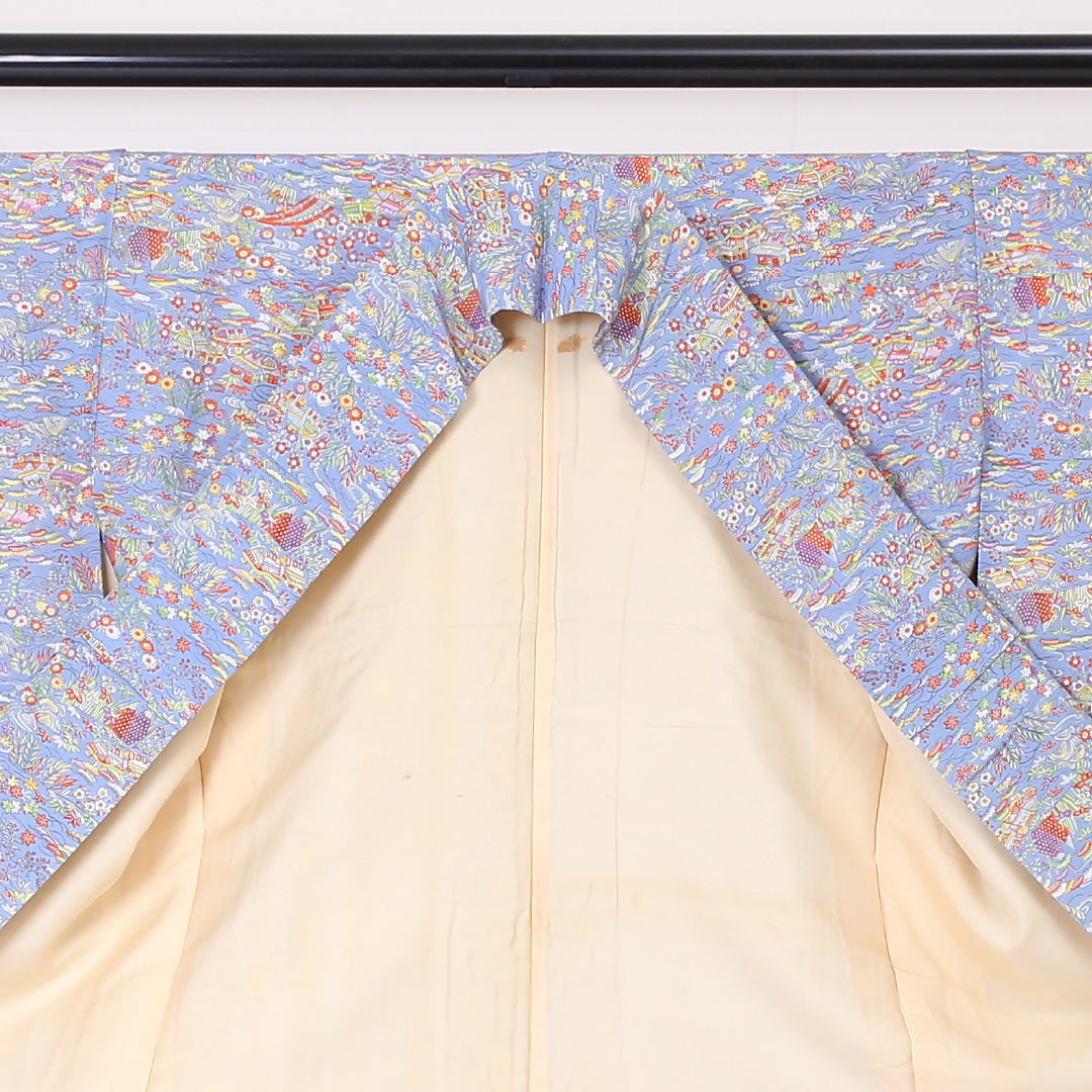 小紋 袷 身丈158cm 裄丈62cm 正絹 Aランク インフォーマル 広衿 Mサイズ 茶屋辻 水色系 RP 1221-01960