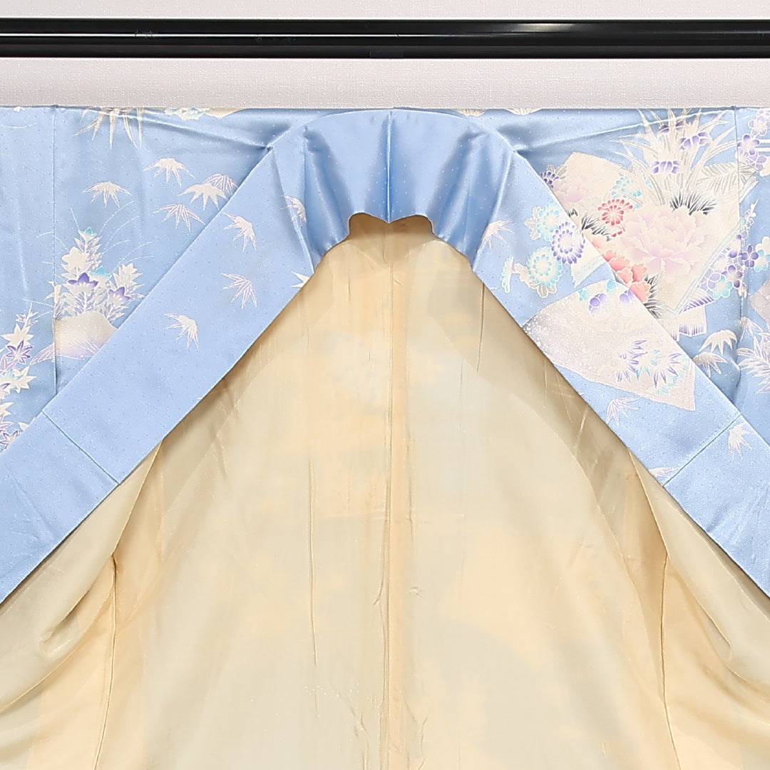 振袖 身丈165cm 裄丈66.5cm Aランク 正絹 袷 広衿 XL 銀駒刺繍 吉祥文様 牡丹 フォーマル 古典的 爽やか 水色系 1213-F0568