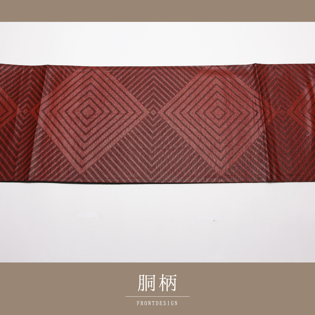 袋帯 帯丈406cm Aランク 六通 正絹 緞子 入子菱 セミフォーマル 朱系 1223-01389