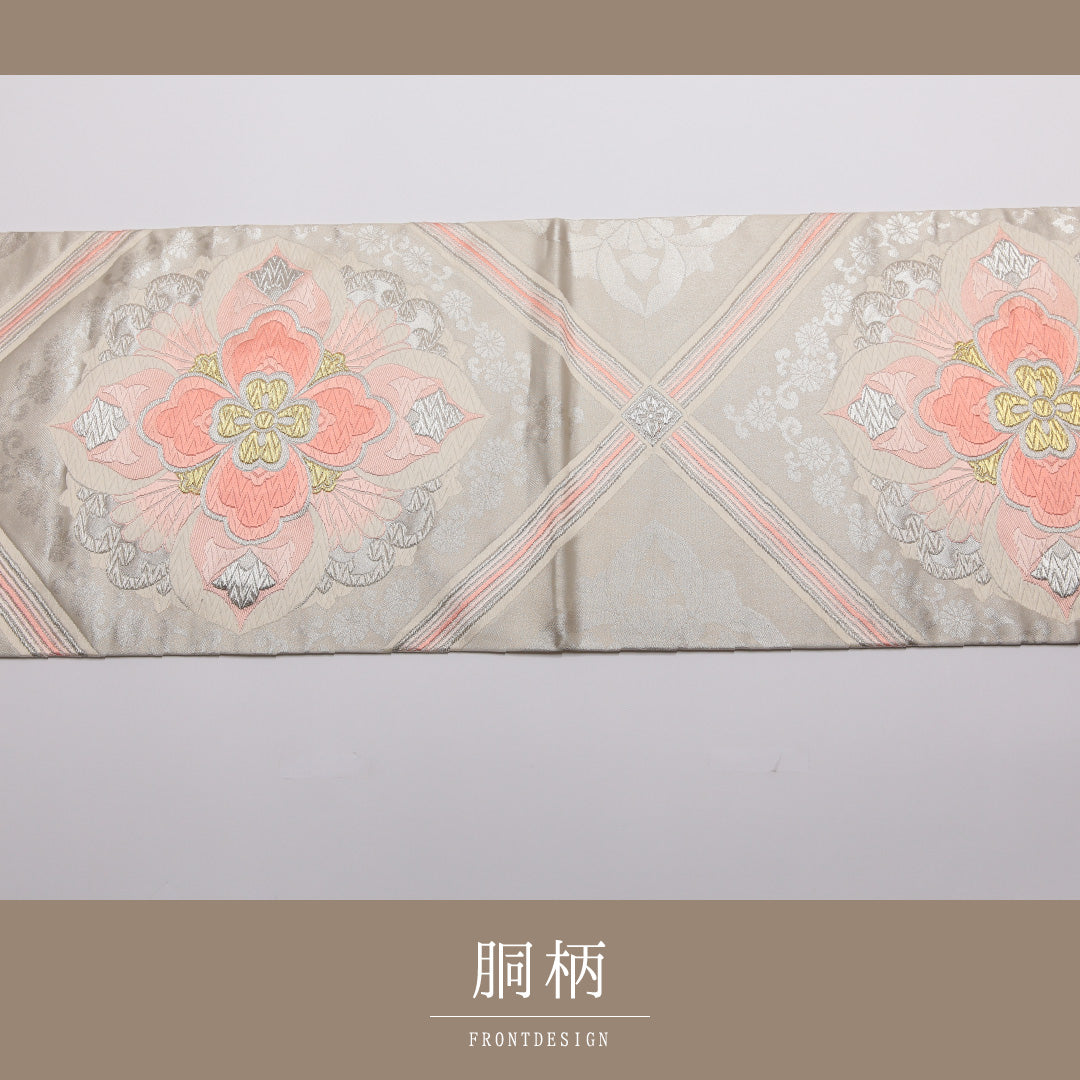 袋帯 帯丈442cm 正絹 六通 フォーマル 宝相華 銀系 1243-01338